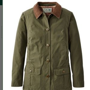 LL Bean Adirondack barn coat in loden with plaid lining
